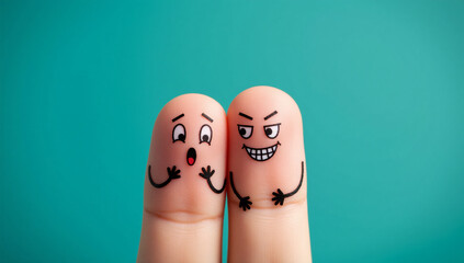 Two fingers with drawn faces showing fear and evil