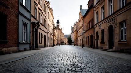 Obraz premium Picturesque European Street with Cobblestones and Historic Buildings
