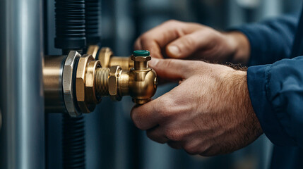 A technician is tightening a brass valve on a plumbing system in an industrial environment now.