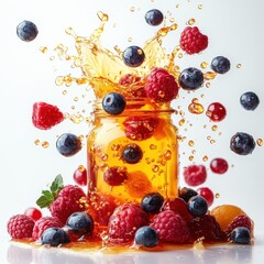 fruit juice splash with flying berries, isolated for design