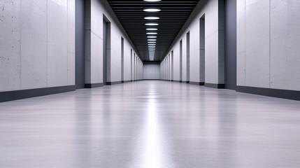 Obraz premium A long interior corridor with concrete walls and shiny floor extends to a vanishing point design.