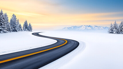 A winding asphalt road leads through a snowy winter landscape toward distant snow capped mountains.