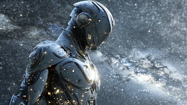 Futuristic Robot in Space Exploring the Galaxy  Starship Technology
