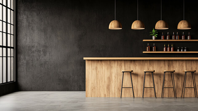 A modern bar interior with wooden counter and stools against a dark textured wall backdrop.