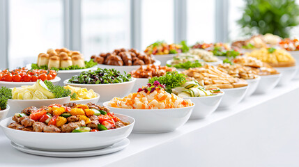 An abundant display of diverse culinary dishes are arranged in a bright and modern buffet setting.