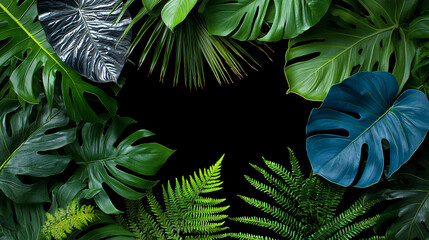 Lush green tropical foliage with monstera and ferns creates a natural frame on dark background.