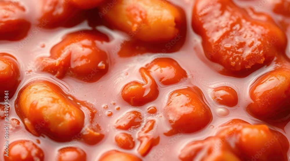 Poster close-up of beans in tomato sauce showcasing texture and color, appetizing simplicity on display.