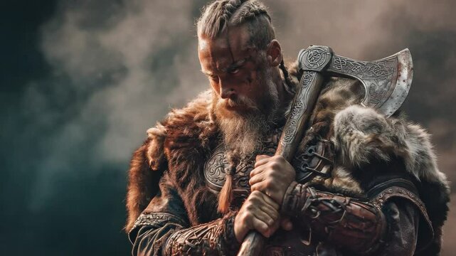 Nordic Warrior: A stoic warrior, weathered by the ages and adorned in fur, stands ready for battle, his gaze resolute, axe firmly in hand, evoking a sense of might and the spirit of adventure.