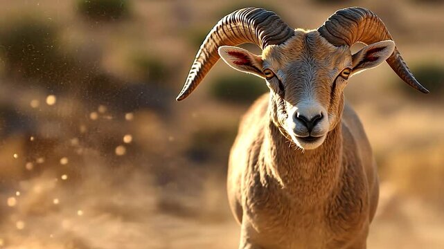 Majestic ram poses prominently, curling horns, amber eyes in natural landscape