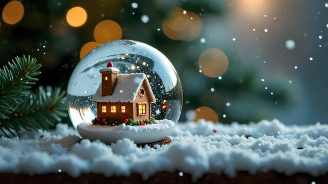 Christmas decoration, gingerbread house in a crystal snowball. Snowflakes falling, zoom out animation