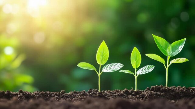 Four young green plant sprouts emerging from fertile soil, demonstrating incremental growth stages with increasing leaf complexity against blurred green background.