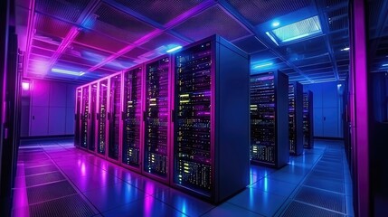 Fototapeta premium Colorful neon-lit data center with glowing server racks and ambient lights, perfect for digital storage, tech marketing, and futuristic visuals
