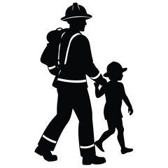 Firefighter and Child Walking Hand-in-Hand Silhouette