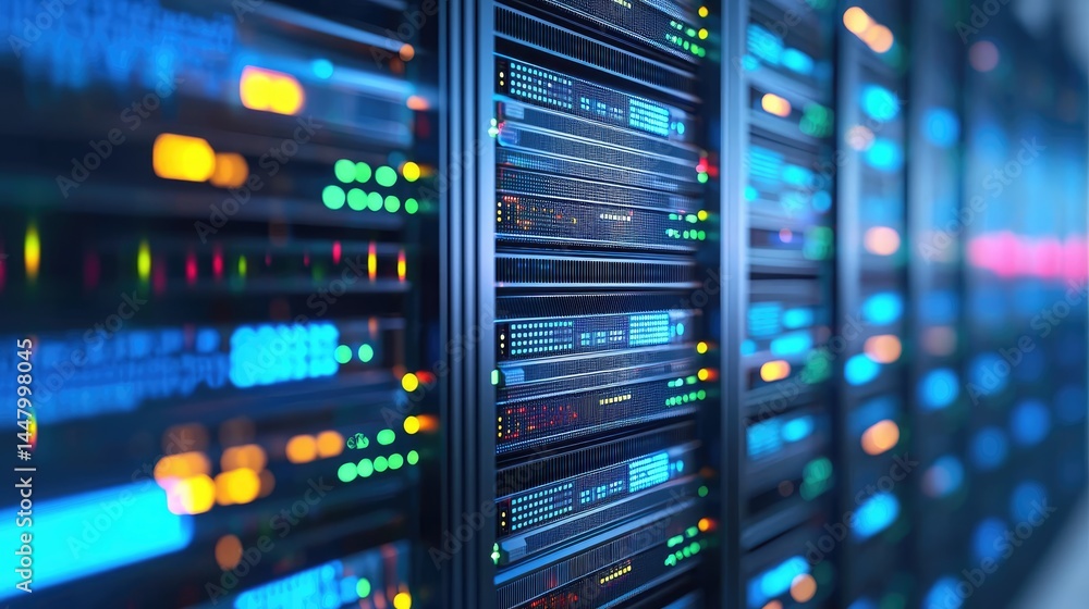 Poster Colorful abstract display of server equipment with vivid LED indicators, ideal for digital infrastructure, cloud services, and data network visuals