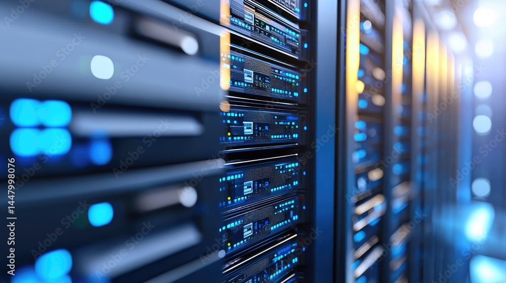 Poster Glowing blue server cabinets in data center corridor with high-performance tech gear, ideal for secure hosting, networking, and IT solutions