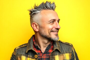 Obraz premium A stylish and glowing male with a relaxed aura. Yellow solid background. Fashionable men's colored punk haircut - midlife white man with grey hair. Idea of style for aging men.