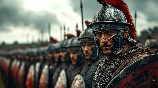 A row of Roman soldiers standing in formation, ready for battle, under a cloudy sky. They wear helmets, chainmail and hold shields and spears