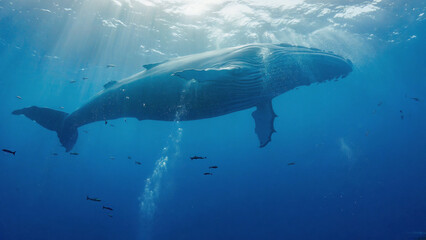 Naklejka premium A humpback whale swims through the open ocean, its body undulating as it moves through the water