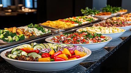 A buffet line displays colorful and fresh salads and prepared dishes for diners to enjoy now.