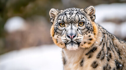 Fototapeta premium A captivating snow leopard gazes forward with its striking eyes in a snowy winter environment.