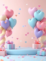Pastel heart balloons, gifts, pink backdrop
