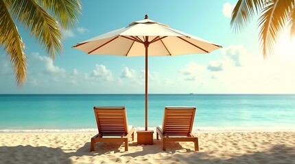 Obraz premium Serene tropical beach scene with wooden lounge chairs, white umbrella, golden sand, calm ocean, and palm fronds under a warm late afternoon sky.