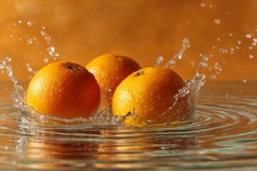 Vibrant oranges are submerged in water, captured in a dynamic moment of splash and freshness.