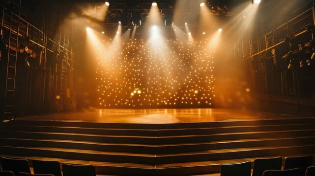 Illuminated Stage: An empty stage bathed in a warm and inviting glow, where spotlights and architectural design converge to create a sense of anticipation and drama.