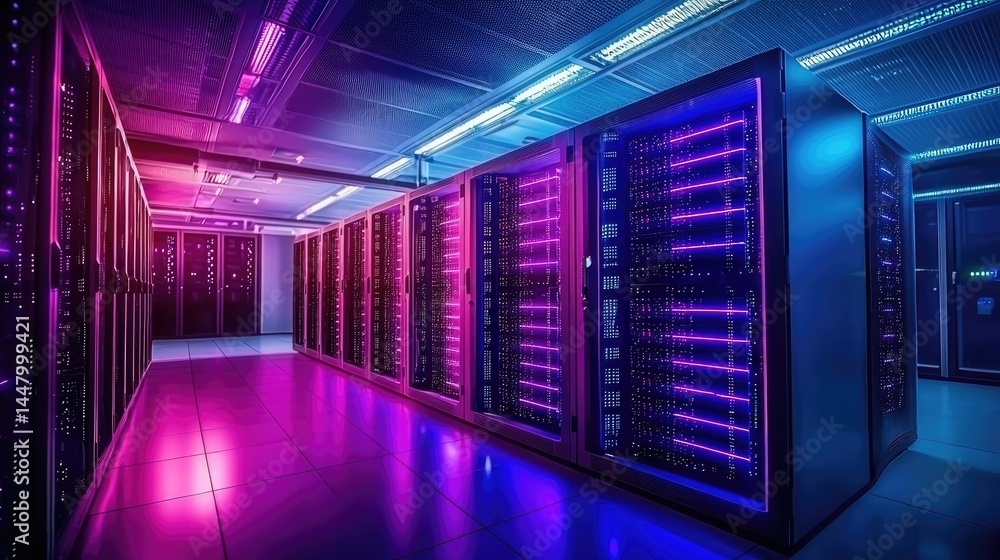 Poster illuminated server room with vibrant pink and blue lights, perfect for futuristic data storage, ai, 
