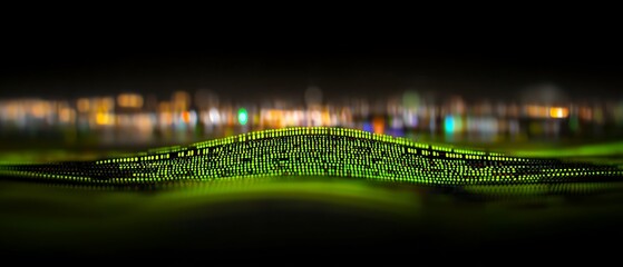 Glowing green data bridge spans a blurred city horizon, against a stark black background
