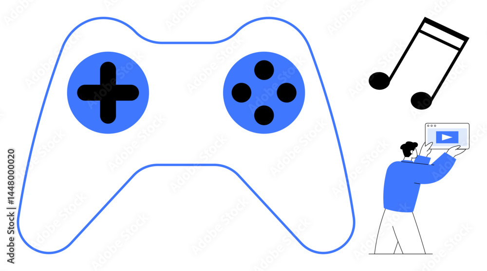 Poster game controller with black and blue buttons, music note, and a person setting up a video player. ide