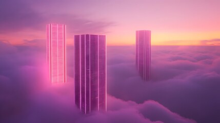 Fototapeta premium Abstract Skyscrapers in the Sky: Three abstract skyscrapers pierce through the clouds, with a vibrant pink glow that is highlighted against a gradient sky of pinks and purples. It's a modern.