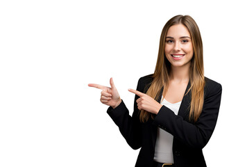 A smiling businesswoman pointing at a blank space, isplated