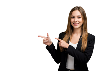 A smiling businesswoman pointing at a blank space, isplated