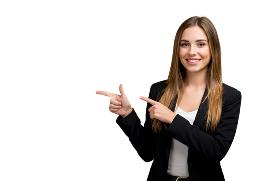 A smiling businesswoman pointing at a blank space, isplated