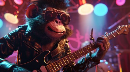 Obraz premium Animated primate playing electric guitar in a vibrant music venue.