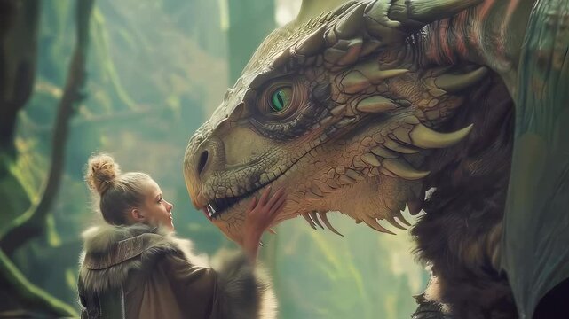 Young girl with hair bun gently touching large scaly dragon in misty forest setting. Detailed reptilian creature with green eye and textured scales. Soft green background with blurred trees.