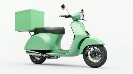 Obraz premium Realistic mockup of a green scooter delivery box mounted on the rear rack, blank green surface, isolated on a white background