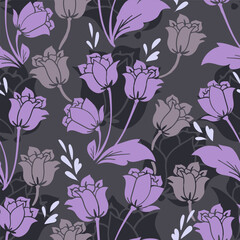 seamless floral pattern. Idea for fabric, tablecloth pattern, wrapping paper, gift paper. Print Ditsy. Motives are scattered randomly. flower pattern background. cute purple pattern. dark color