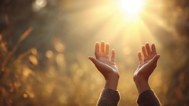 Hands Raised in Prayer: Two hands raised towards a radiant sun, symbolizing hope, faith, and gratitude in a serene natural setting.