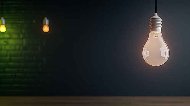 Glowing lightbulbs hang, illuminating a room with a dark blue wall and wooden floor, showcasing warmth