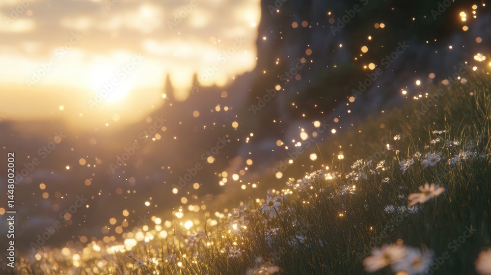 Poster serene meadow illuminated by golden sunset light with wildflowers and fireflies creating a magical a