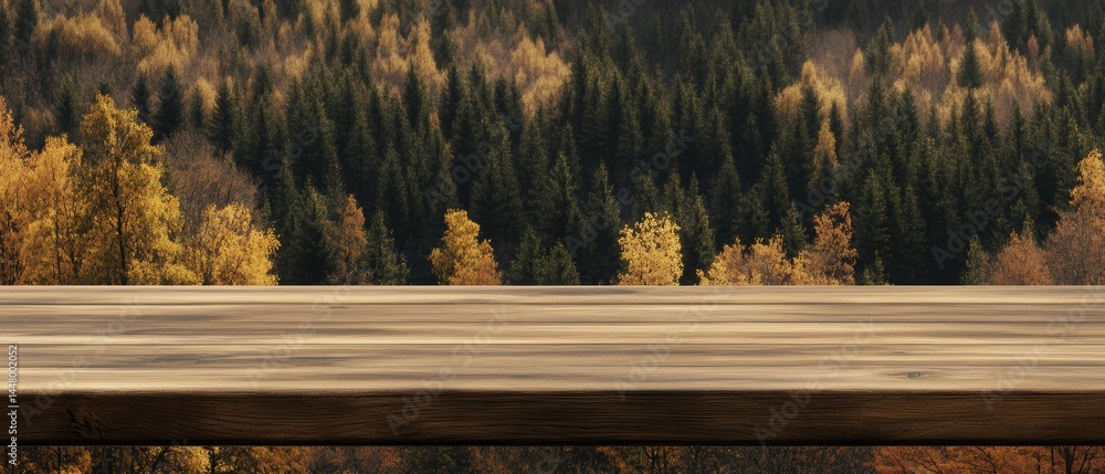 Poster rustic wooden tabletop displaying autumnal forest backdrop a serene scene with golden foliage and ev