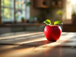 Red Apple on Rustic Wooden Table with Morning Light - Healthy Food Concept
