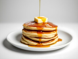 Stack of Pancakes with Syrup and Butter on White Plate Breakfast Food