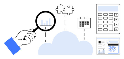 Magnifying glass inspecting bar graph above cloud, puzzle pieces, calendar, calculator, and dashboard connected to cloud. Ideal for analytics, data integration, cloud computing, project management