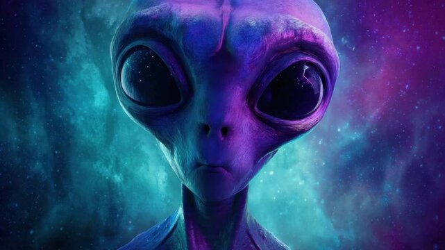 Extraterrestrial Encounter: A striking image of an extraterrestrial being, its large, curious eyes and otherworldly features are rendered in a vibrant, surreal palette.