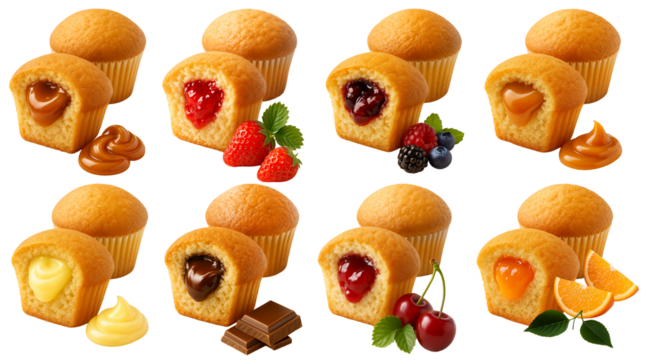 Assorted muffins with fillings including caramel, strawberry, mixed berry, lemon, chocolate, cherry, and orange, with corresponding ingredients shown.