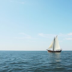 Fototapeta premium Serene seascape featuring a sailboat gliding across calm ocean waters under a clear sky evoking tranquility and freedom in a scenic coastal environment