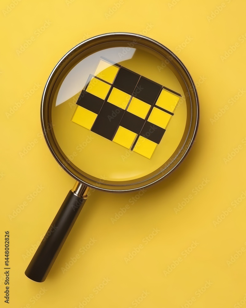 Poster magnifying glass revealing a geometric pattern of yellow and black squares on a vibrant yellow backg